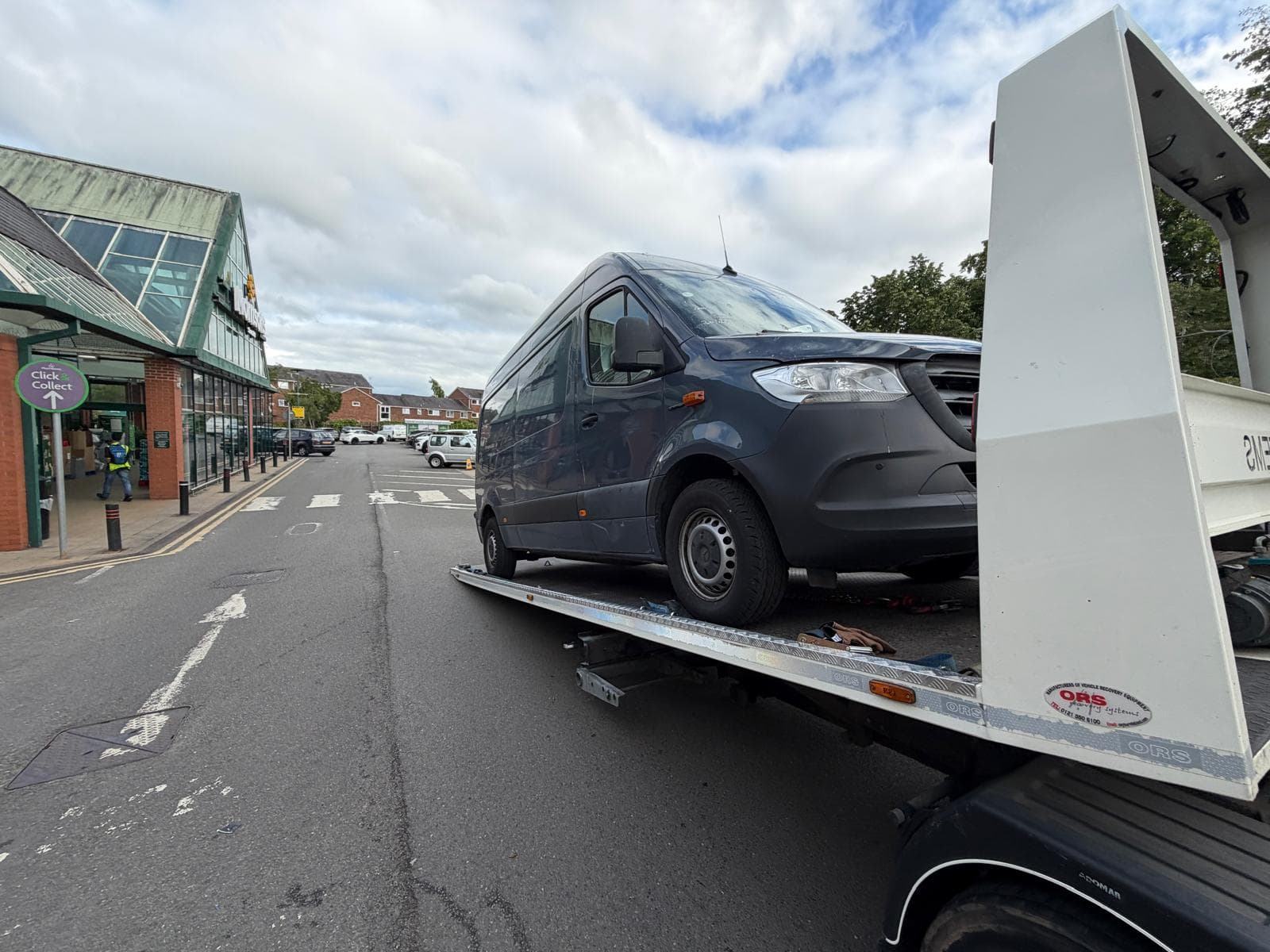 Mercedes eSprinter electric van recovery from Lutterworth to Derby completed by a trusted UTEO recovery operator using specialist electric commercial vehicle transport equipment.