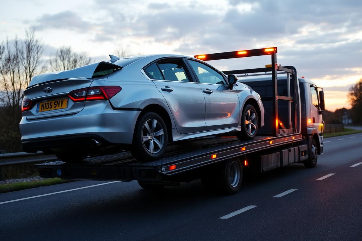 Damaged silver car being loaded onto a flatbed recovery truck at dusk after a road traffic collision