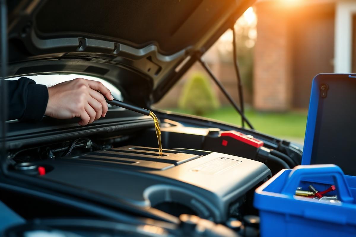 Driver checking the engine oil dipstick under the open bonnet of a car on a UK driveway