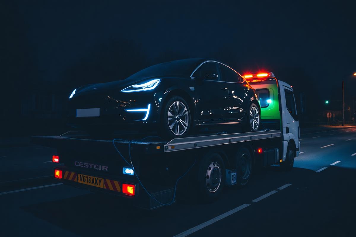 Electric car loaded on a flatbed recovery truck on a UK road at night