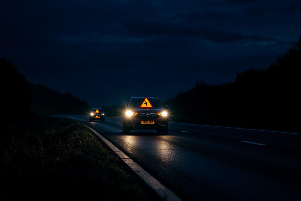 Car stopped on the hard shoulder of a UK motorway at dusk with a hazard warning triangle behind it