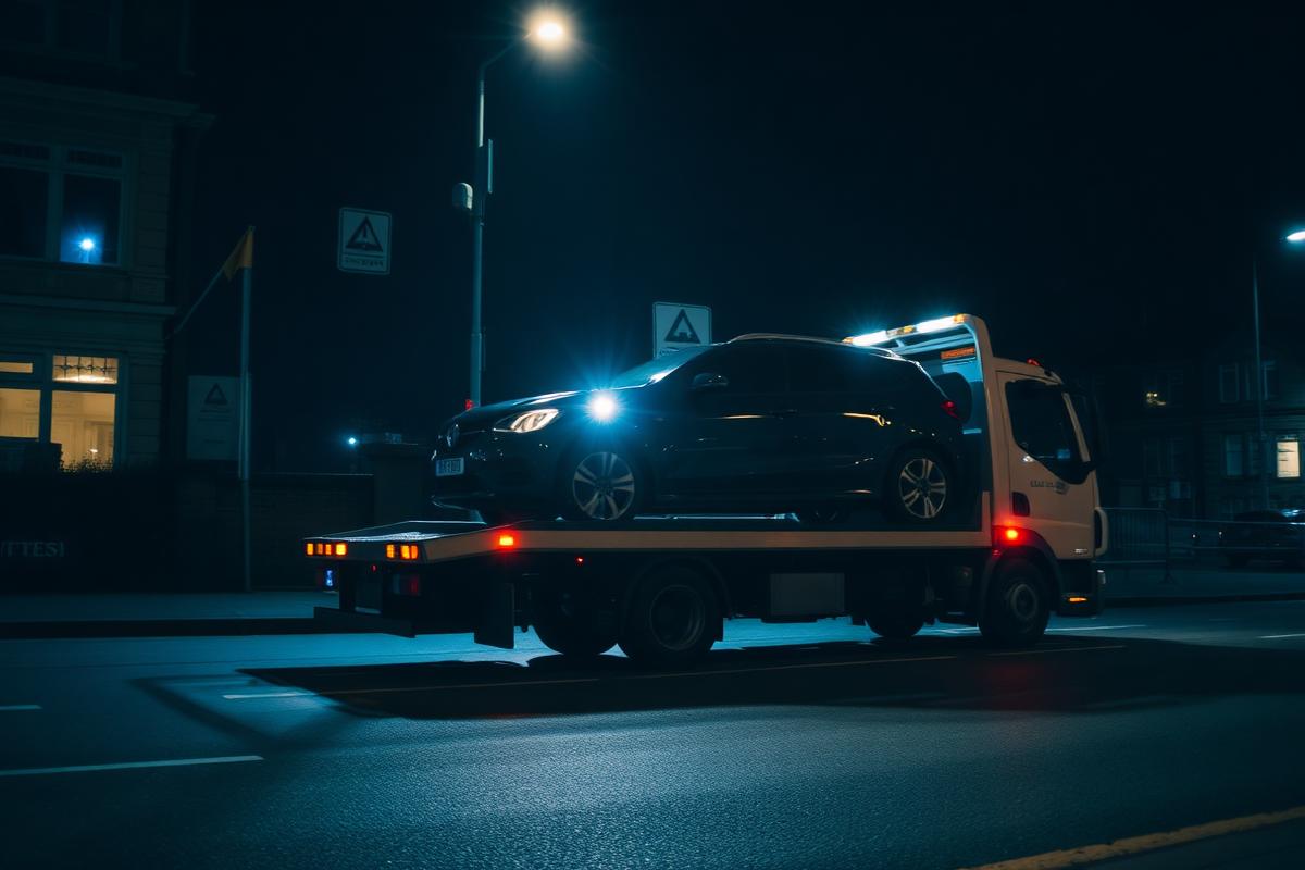 Recovery flatbed truck loading a car on a UK street at night