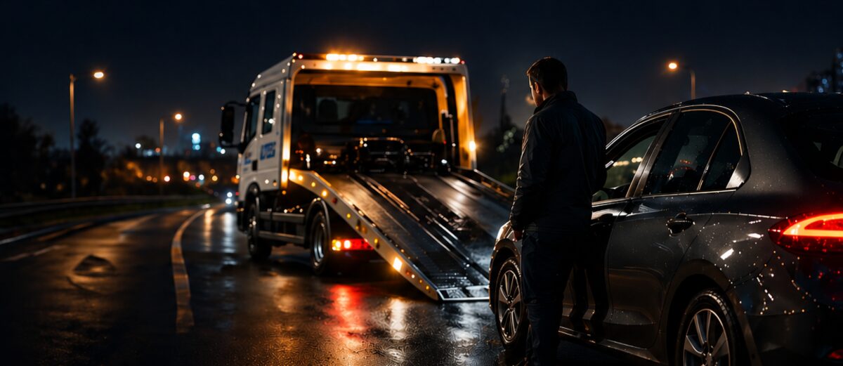Recovery operator working alongside a commercial van at the roadside